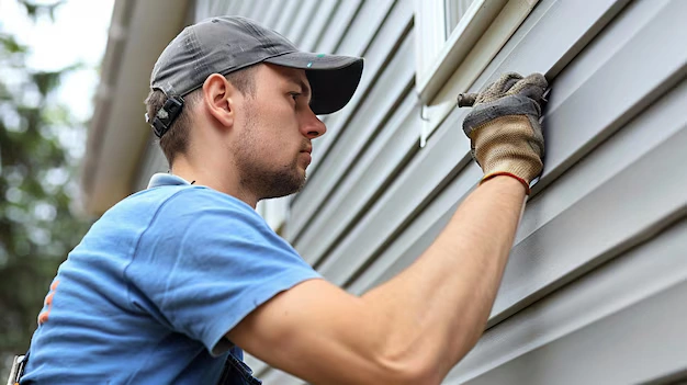Calgary contractor inspecting vinyl siding to help homeowners decide when to replace siding on your house