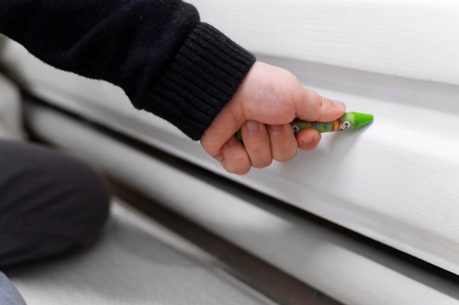 Close up of a hand marking damaged vinyl panel showing when to replace siding on your house in Calgary