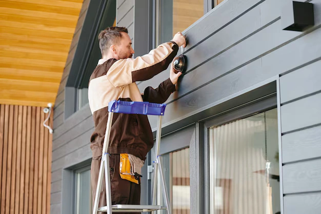 Siding technician on a ladder checking fiber cement panels for signs of when to replace siding on your house